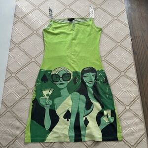 Custo green dress, metallic straps, linen back, size L, VTG, Y2K